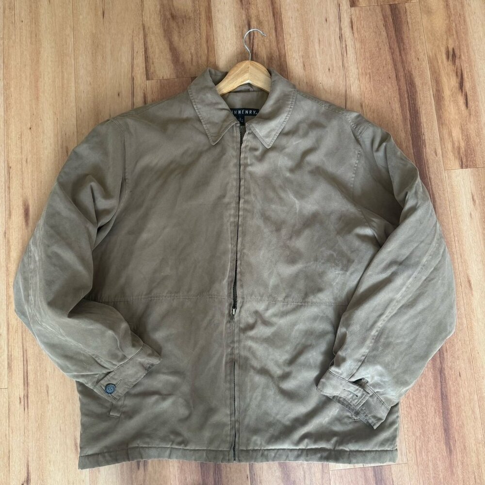 John Henry Zip Up Bomber Jacket Mens large Long Sleeve Tan Faux Suede Polyester